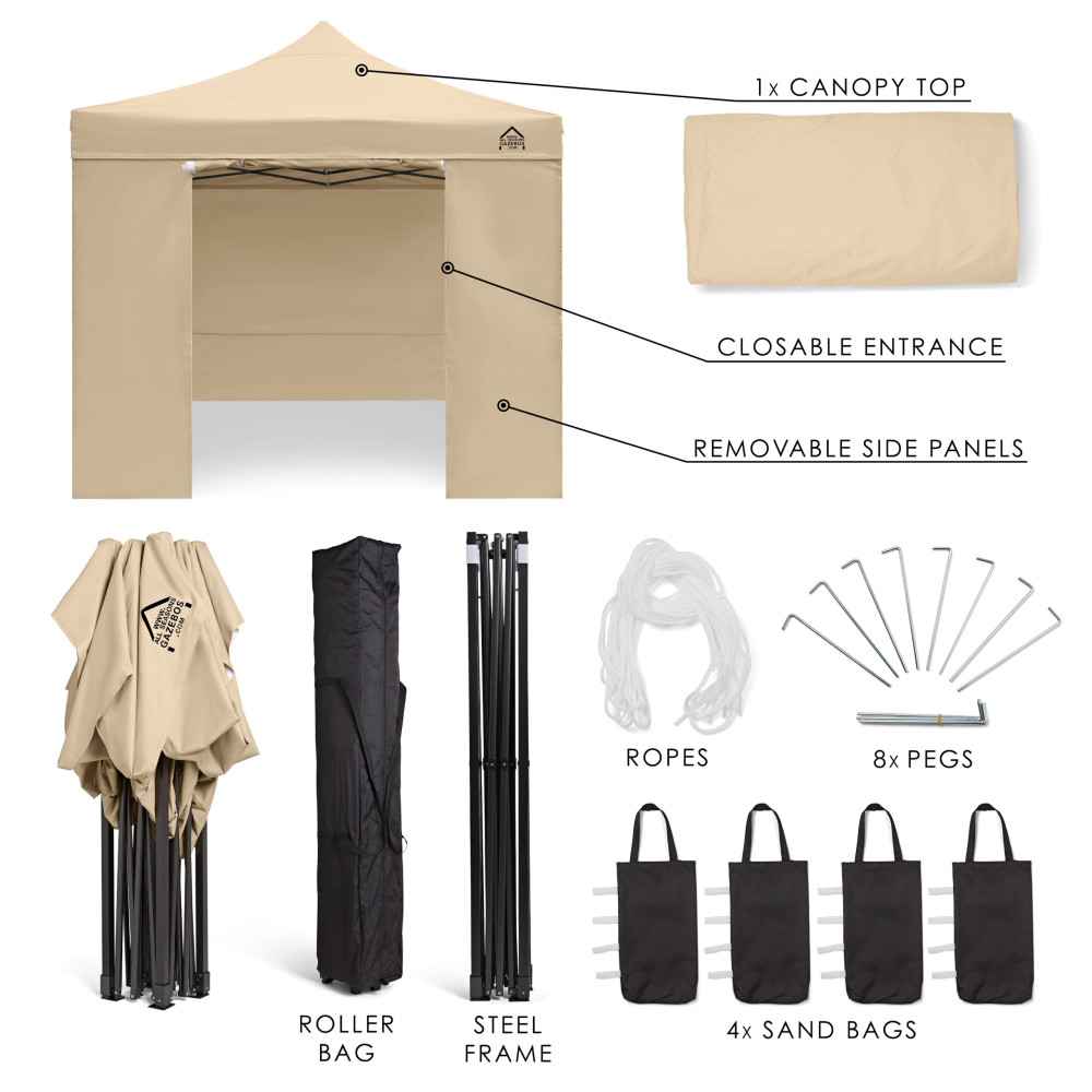 3x3m Pop Up Gazebo With Wheeled Bag, 4 Leg Weights, Rope and Pegs + 4 Superior / Heavyweight Side Walls (SUP)