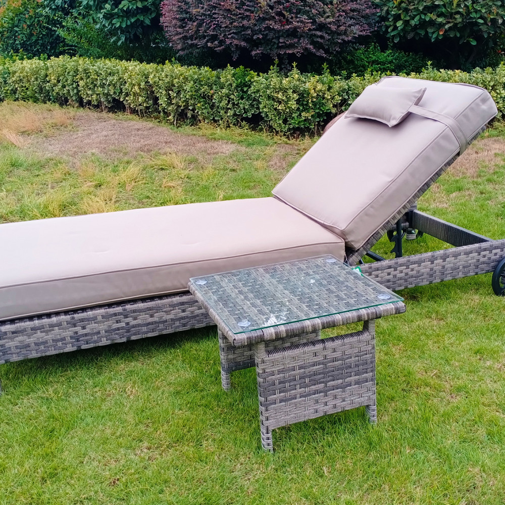 Luxury Mixed Grey Aluminium Framed Rattan Lounger &amp; Table with Tempered Glass