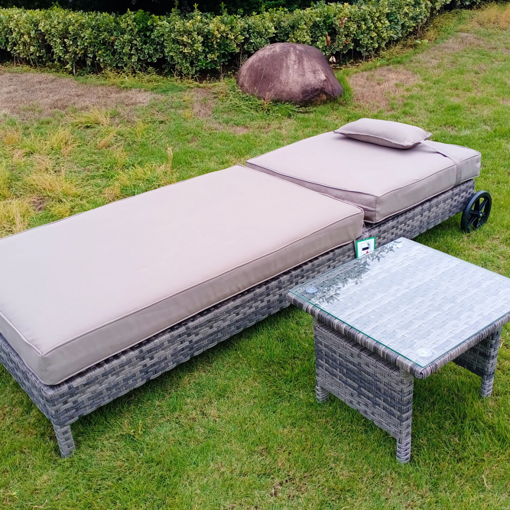 Luxury Mixed Grey Aluminium Framed Rattan Lounger &amp; Table with Tempered Glass