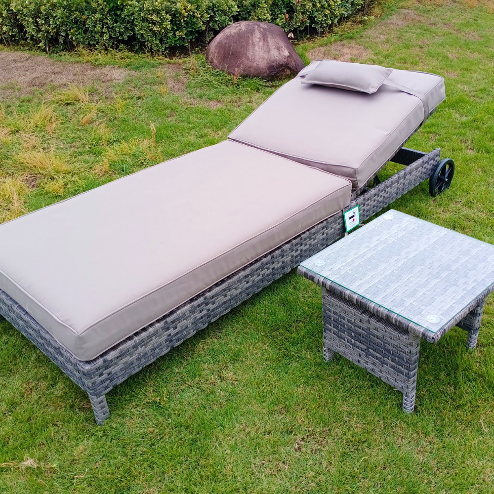Luxury Mixed Grey Aluminium Framed Rattan Lounger &amp; Table with Tempered Glass