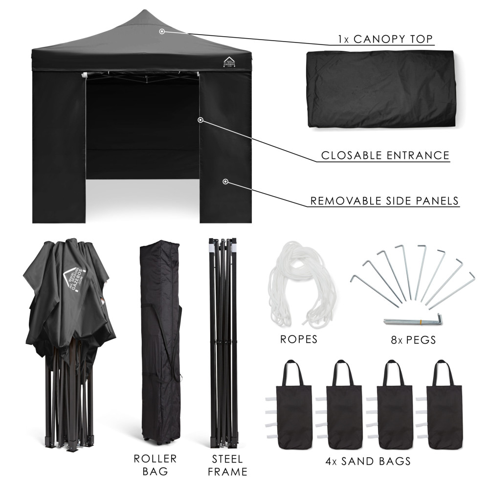 3x3m Pop Up Gazebo With Wheeled Bag, 4 Leg Weights, Rope and Pegs + 4 Side Walls ( STD )