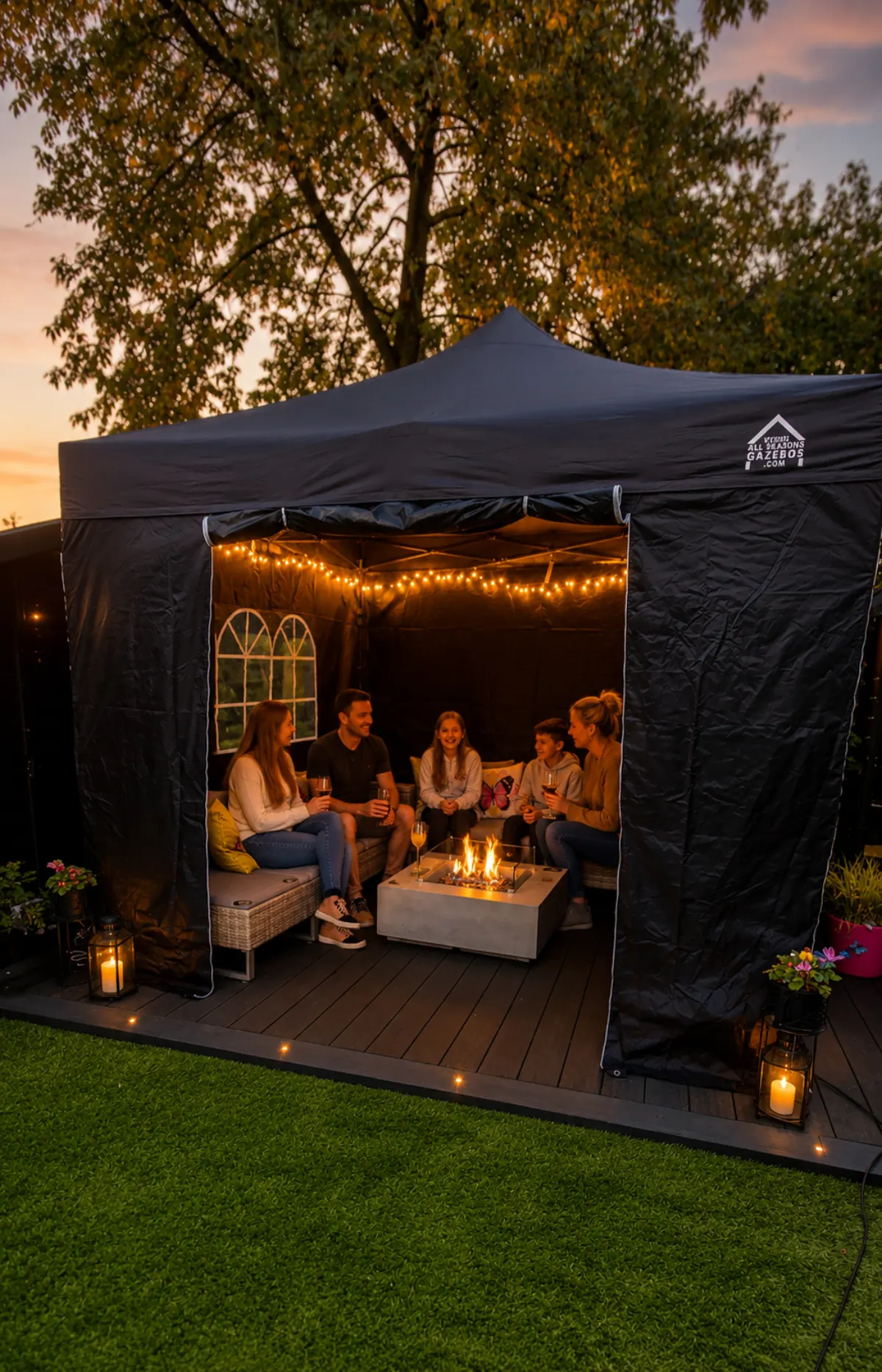 Black standard gazebo with side walls at dusk